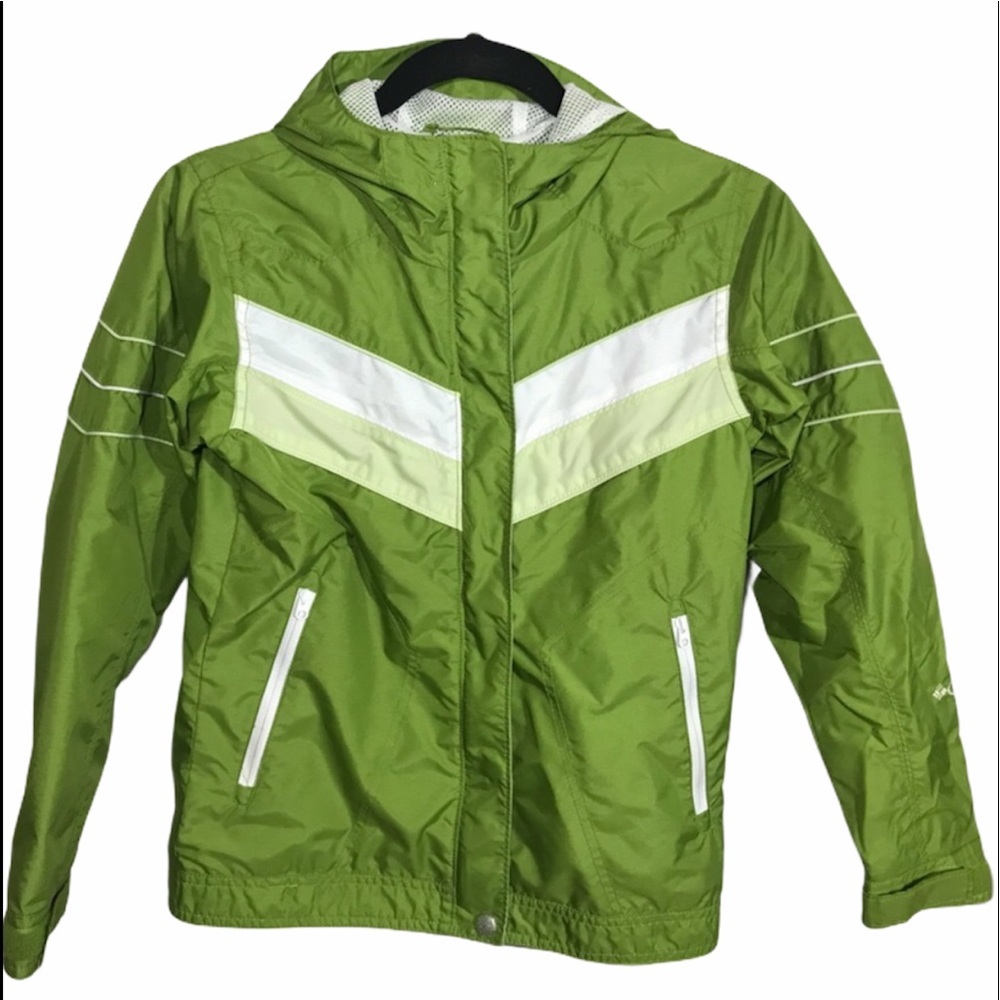 Columbia girls windbreaker green white hood. 10-12
